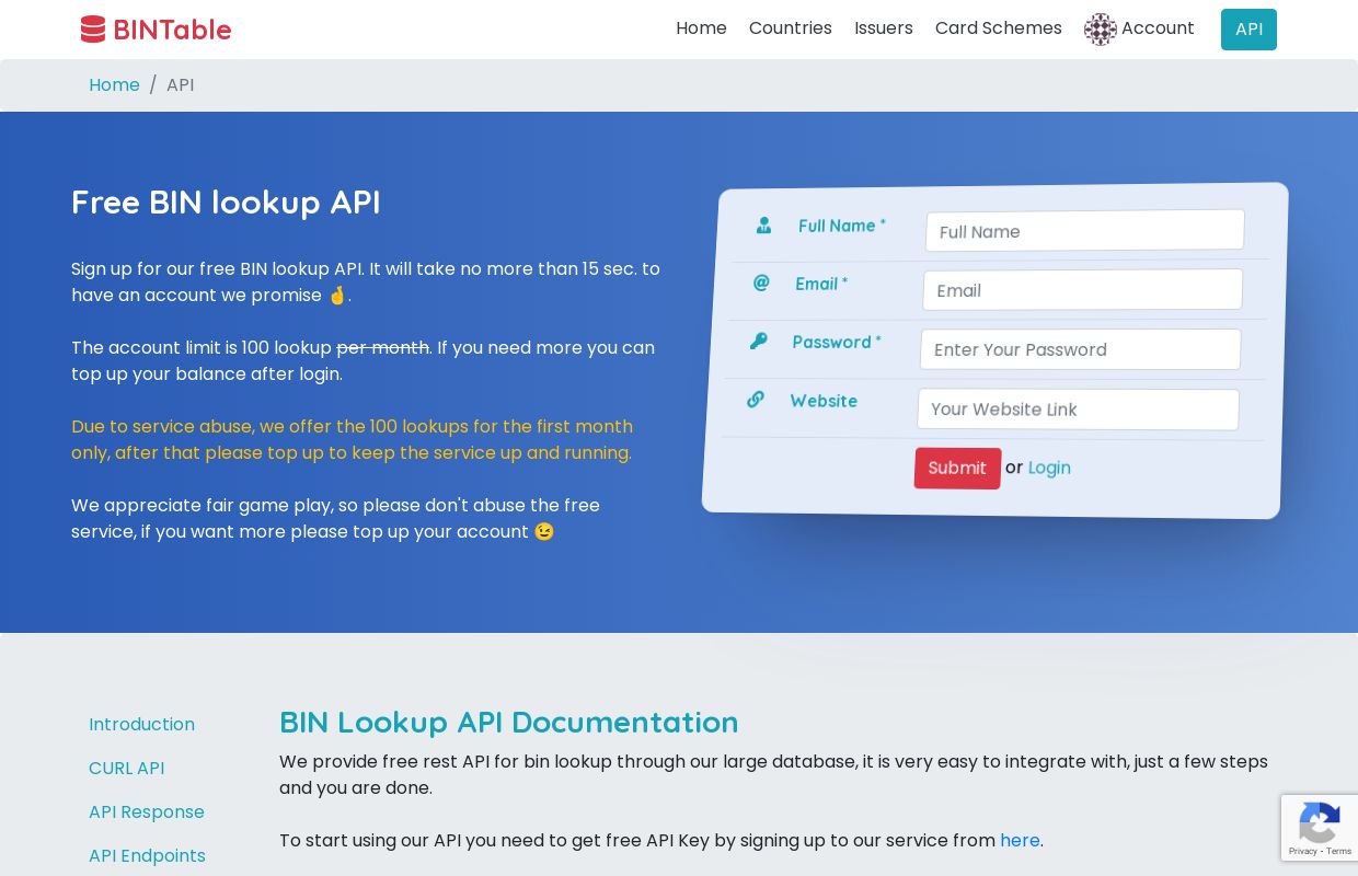 BINTable: BIN Lookup API