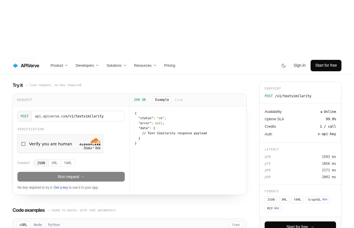 TEXT SIMILARITY API DOCUMENTATION - APIVerve preview interface