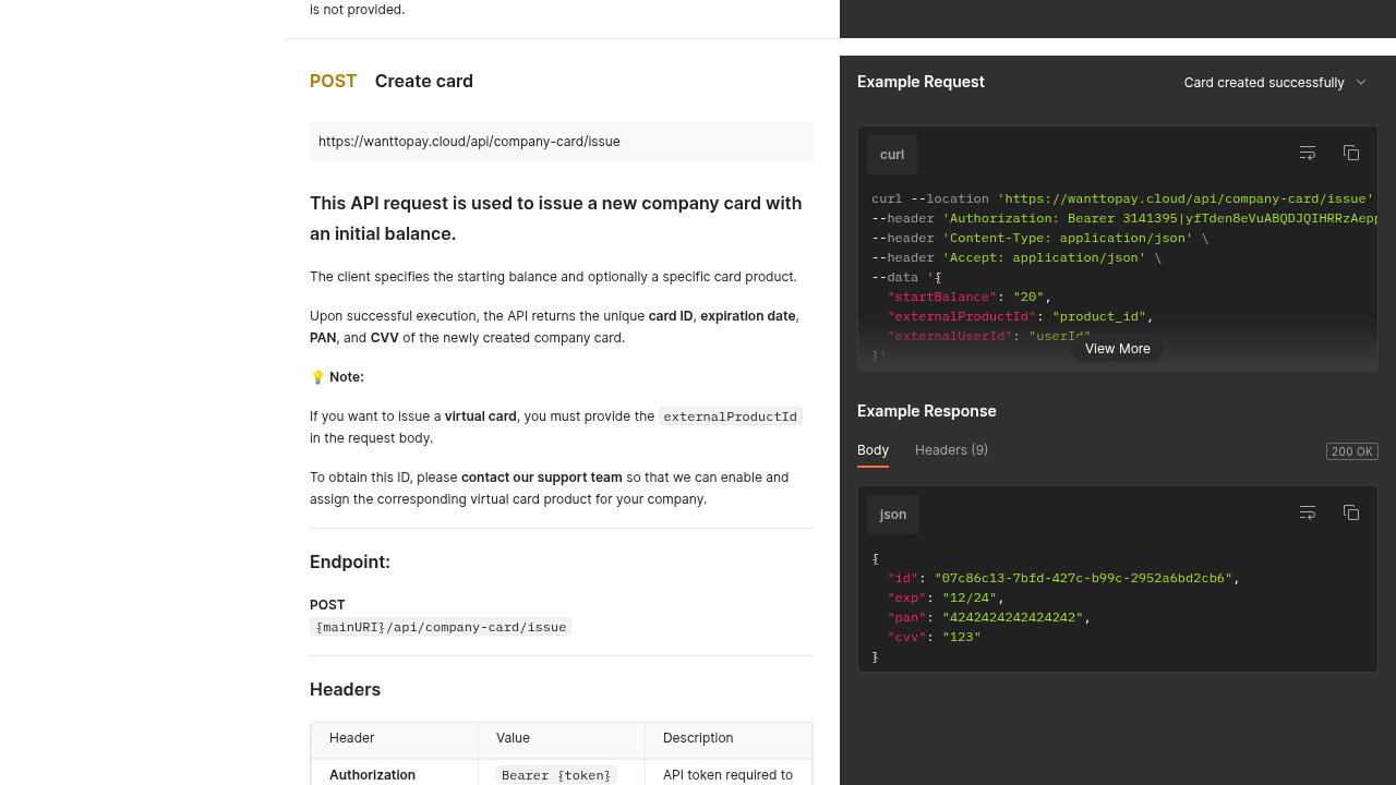 Wanttopay API preview interface