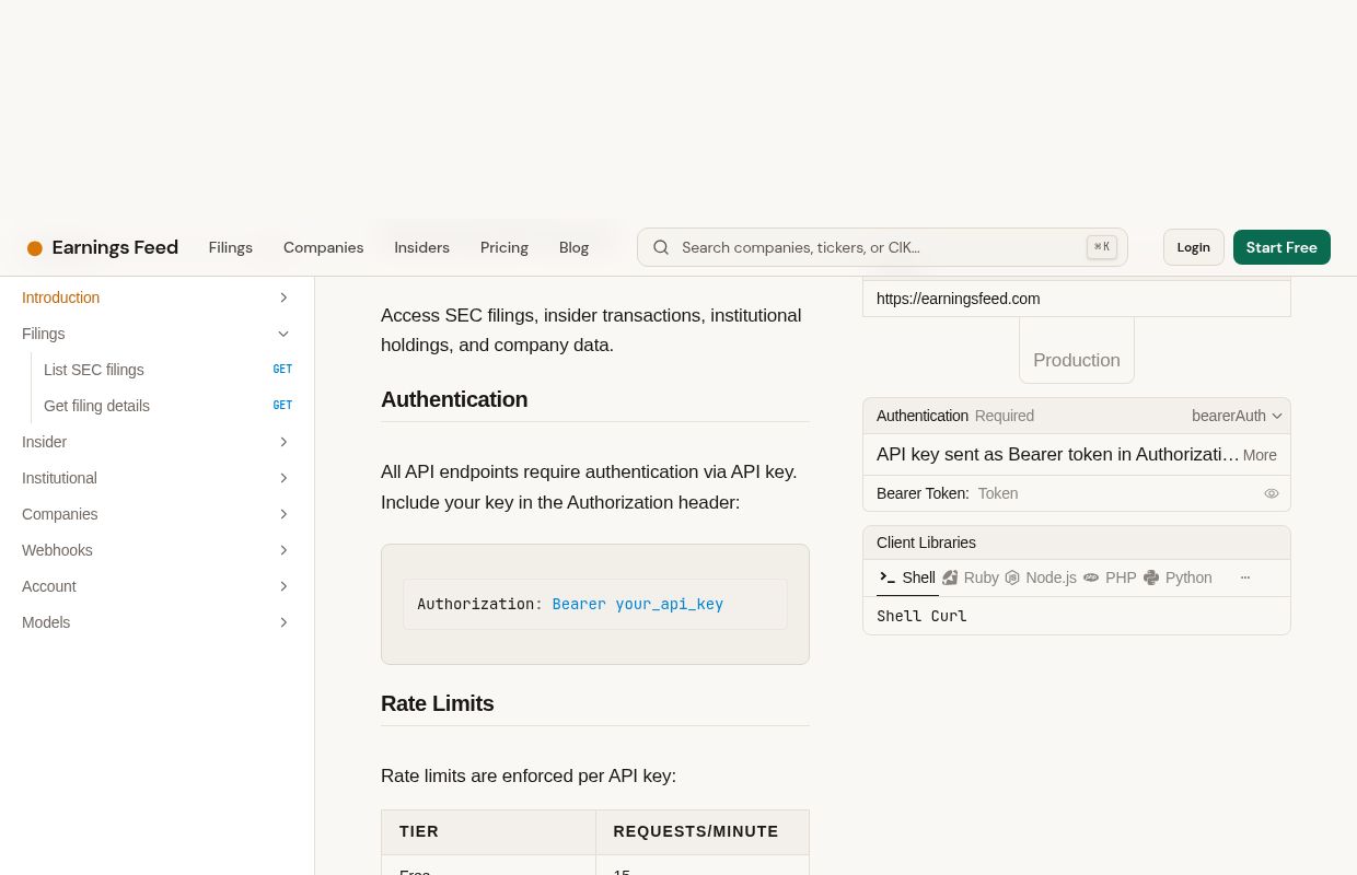 Earnings Feed API preview interface