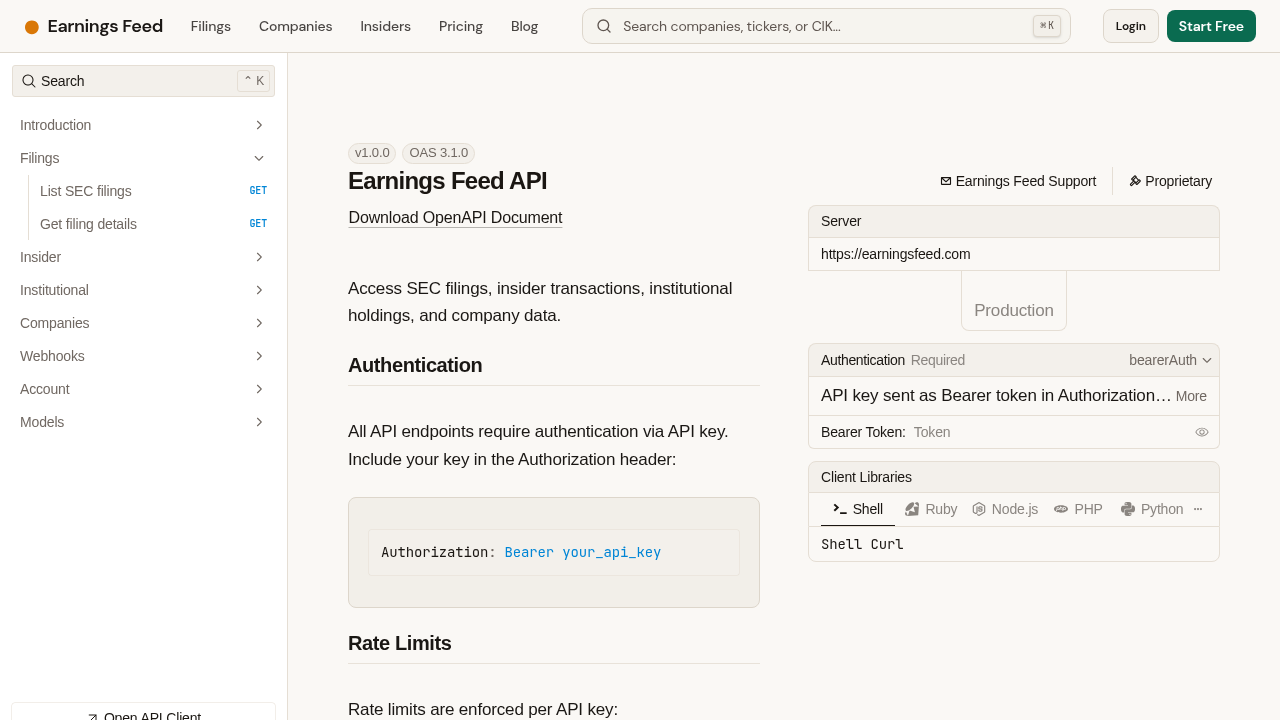 Earnings Feed API preview interface