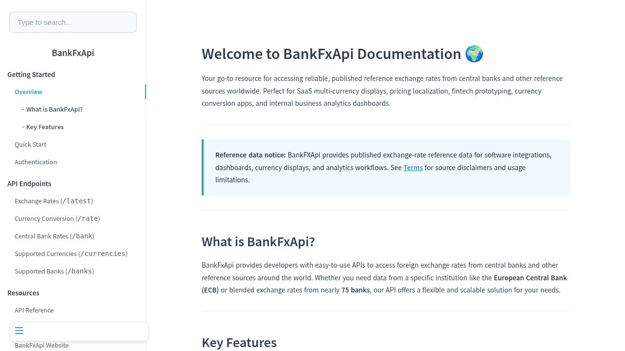 BankFxAPI - Central banks exchange rate API preview interface