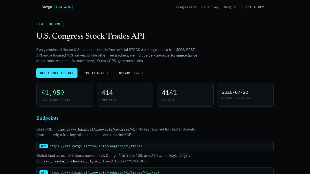 Bargo Congress Trades API preview interface
