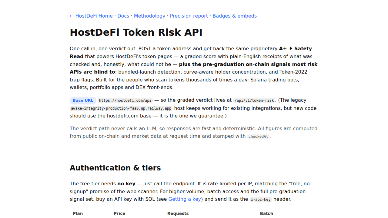HostDeFi Token Risk API preview interface