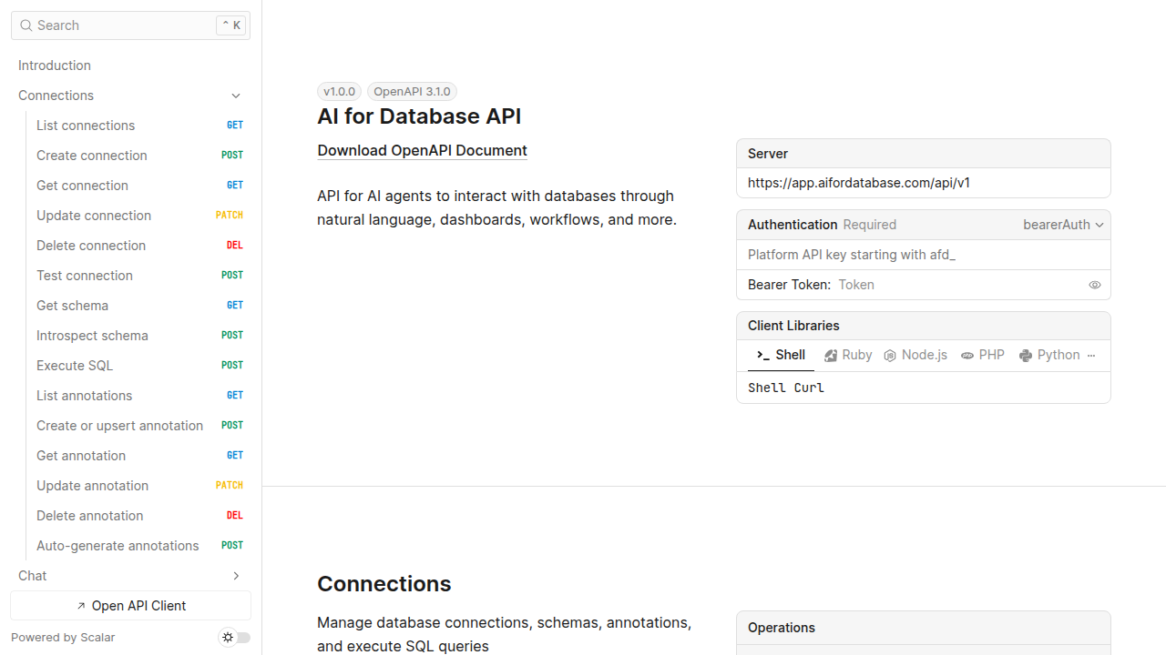 AI for Database preview interface