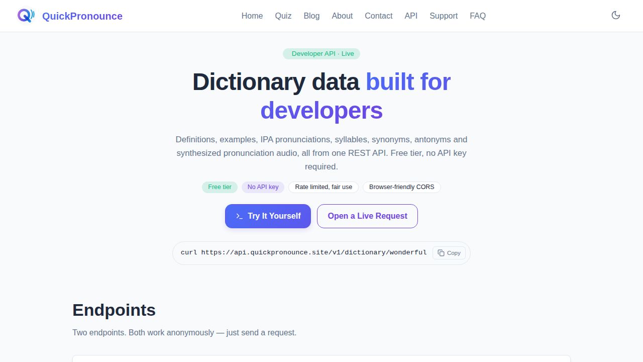 QuickPronounce API preview interface