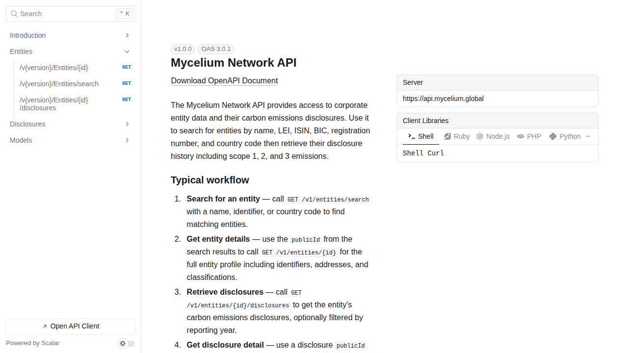 Mycelium Network API preview interface