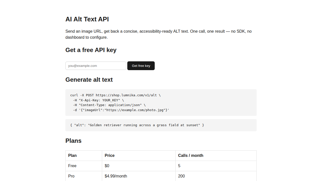 AI Alt Text API preview interface