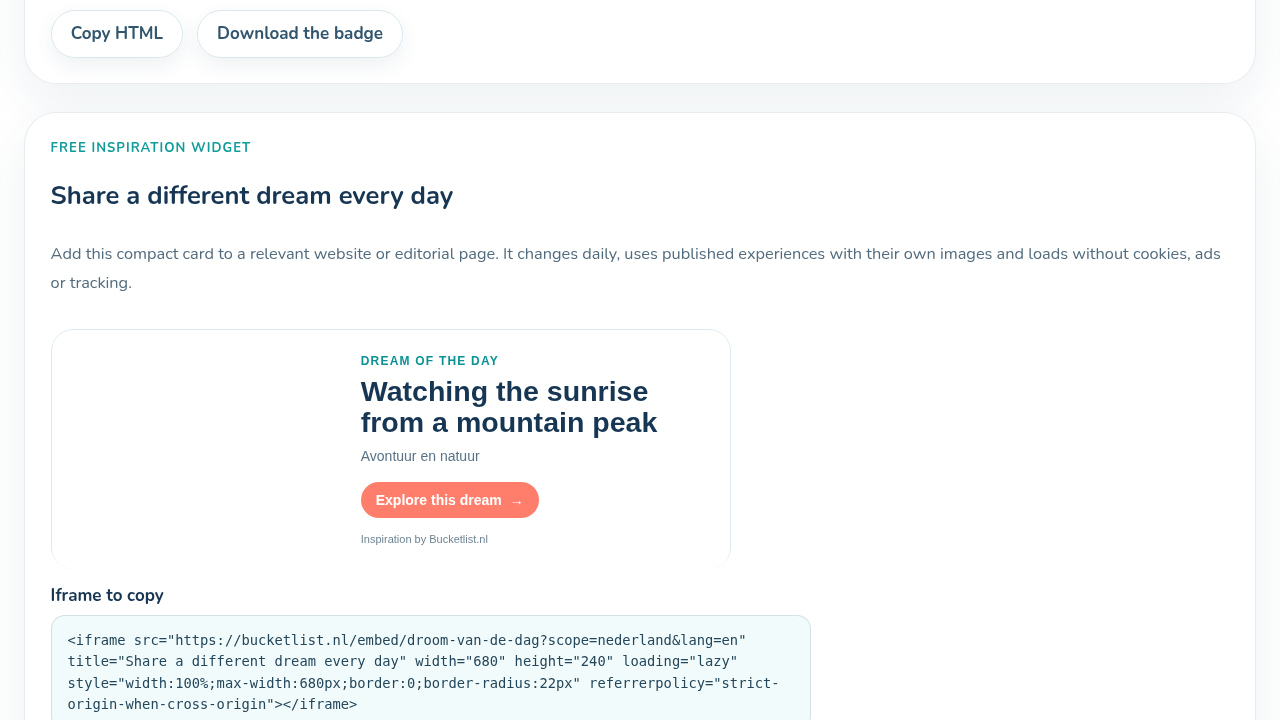 Bucketlist.nl Dream of the Day API preview interface