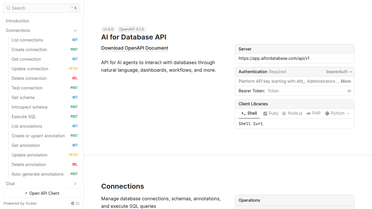 AI for Database preview interface