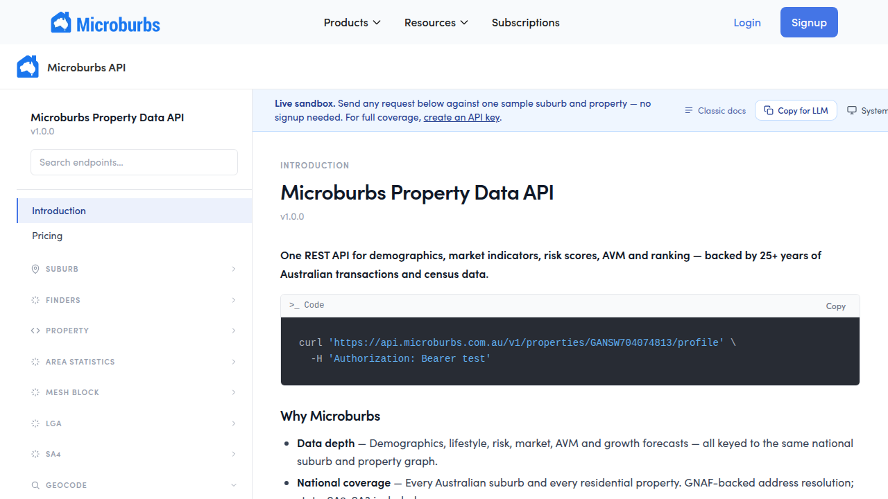 Microburbs Property Data API preview interface