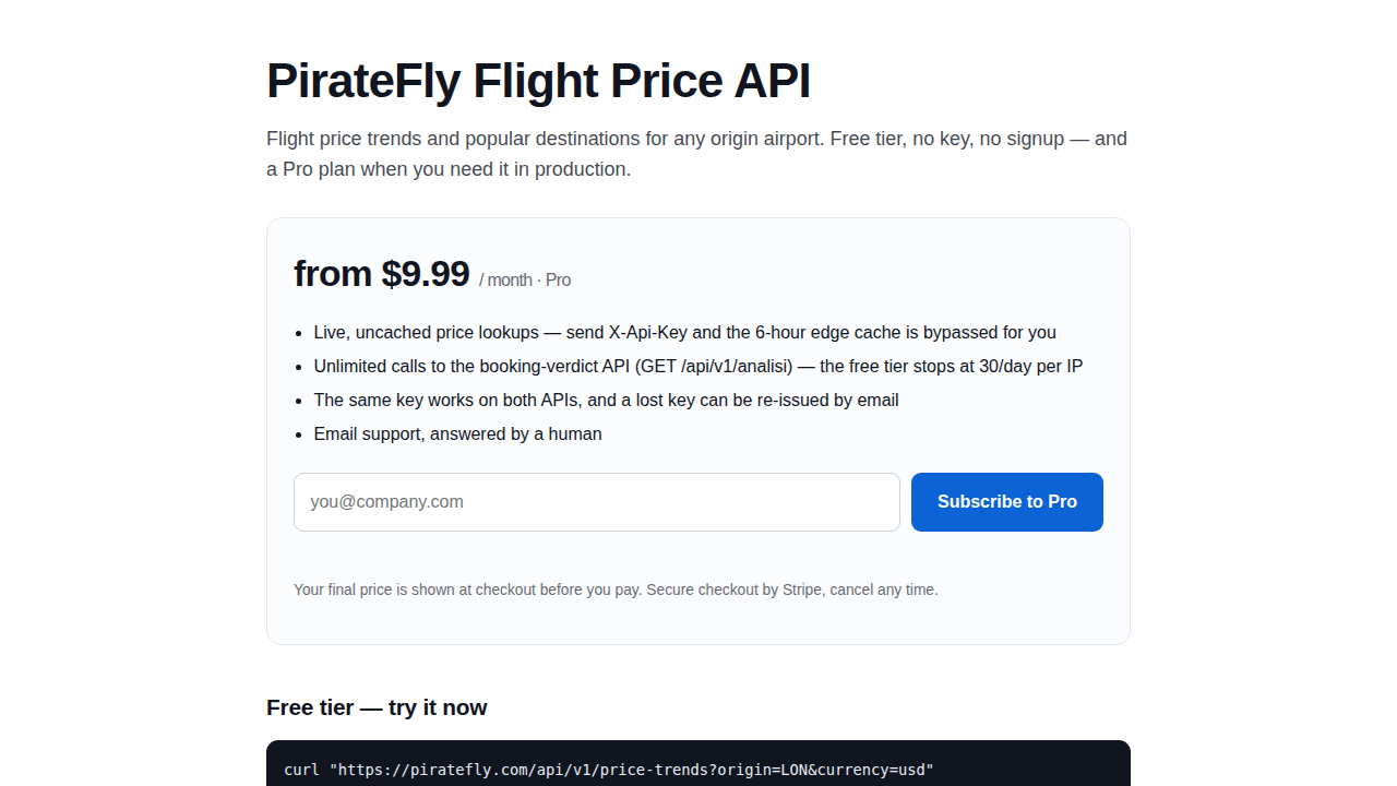 Piratefly Flight Price Trends API preview interface