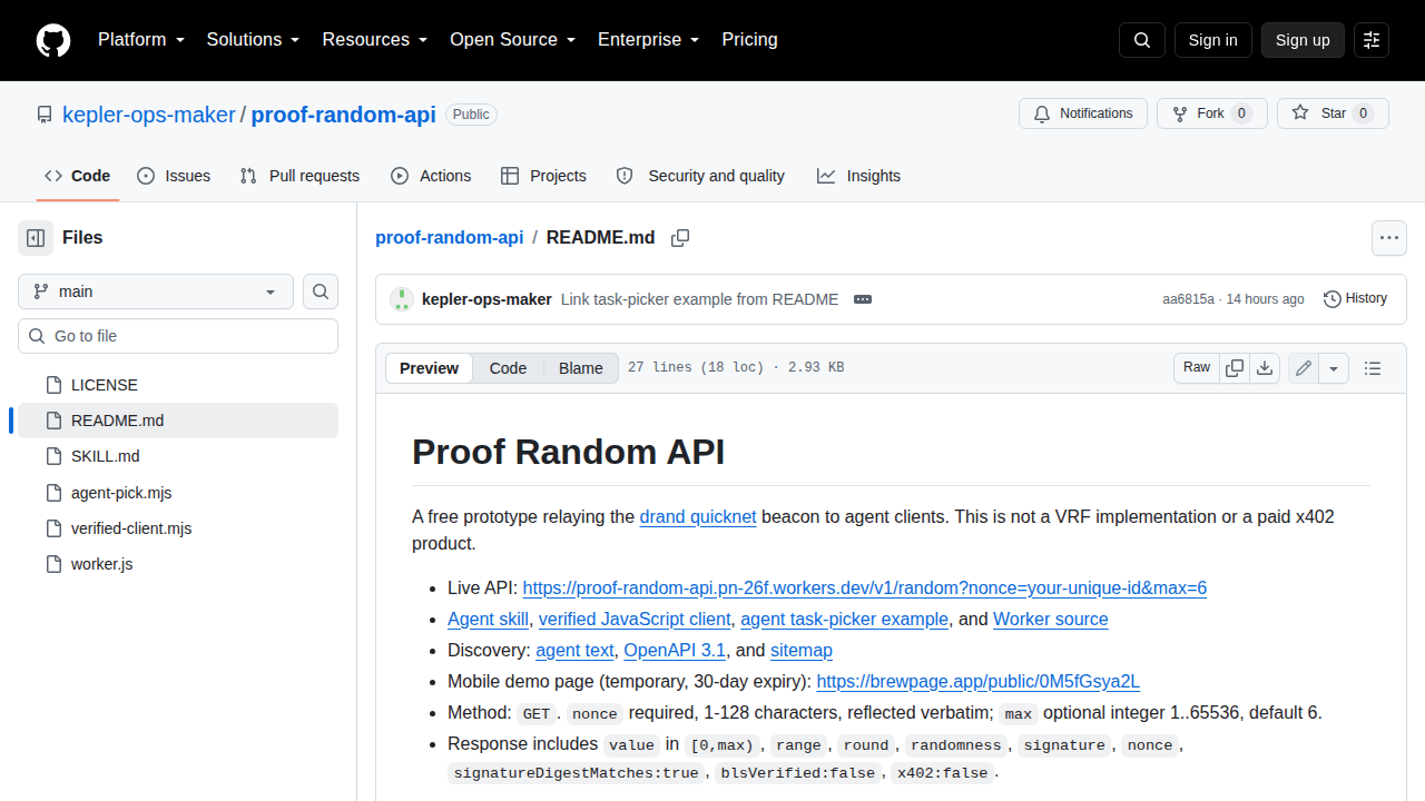 Proof Random API preview interface