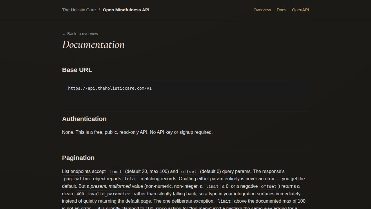 THC Open Mindfulness Resources API preview interface